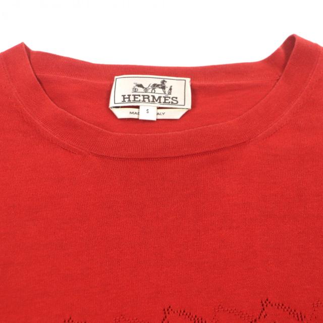 極美品▼HERMES エルメス コットン100% パンチングホース クルーネック ショートスリーブ 半袖ニット レッド S イタリア製 メンズ_1