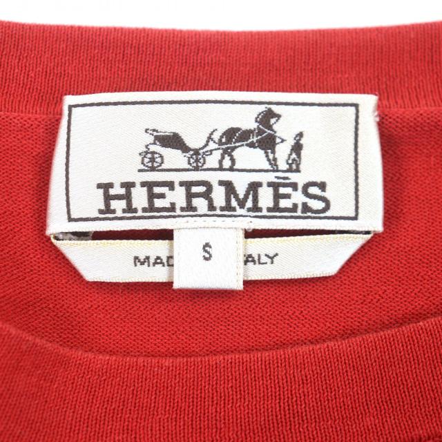 極美品▼HERMES エルメス コットン100% パンチングホース クルーネック ショートスリーブ 半袖ニット レッド S イタリア製 メンズ_4