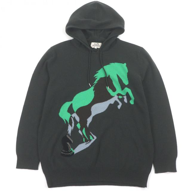 極美品□HERMES エルメス 22AW Chess and Shadow カシミヤ100％ ホース プルオーバー ニットパーカー ダークグリーン XL 伊製 正規品