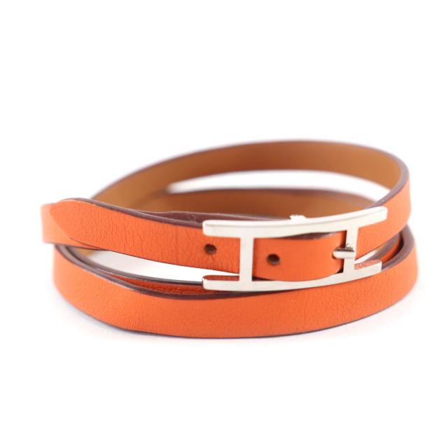 極美品★HERMES エルメス ビーアピ ドゥブルトゥール ゴールド / オレンジ シルバー金具 3連 レザー ブレスレット Z刻印 箱・保存袋付き