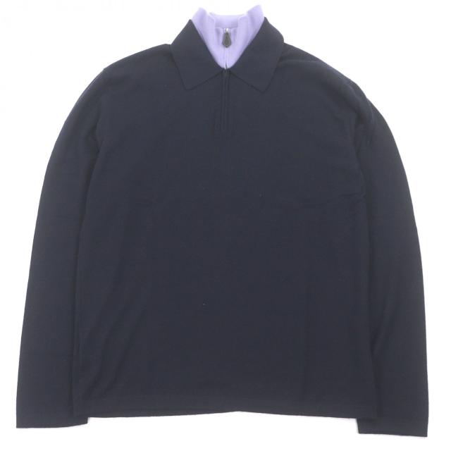 極美品□HERMES エルメス カシミヤ100％ ハーフジップ ドッキングデザイン 薄手 ニットポロ セーター ネイビー L イタリア製 正規品