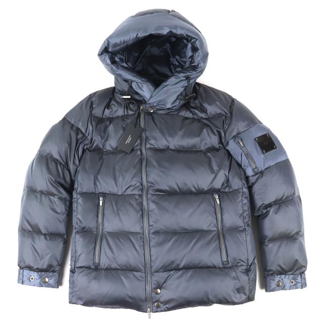 未使用品△5351プール.オム 24AW ロゴレザーパッチ フード付き ジップアップ ダウンジャケット ブルーグレー 46 正規品 メンズ