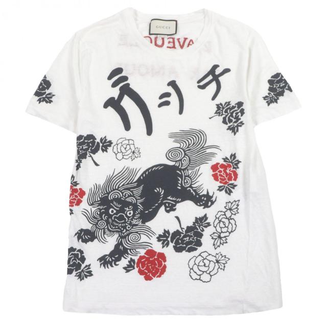 美品□GUCCI グッチ 431278 リネン100％ シーサー 和柄 ヴィンテージ加工 バック刺繍 半袖Ｔシャツ ホワイト XS イタリア製 正規品 希少