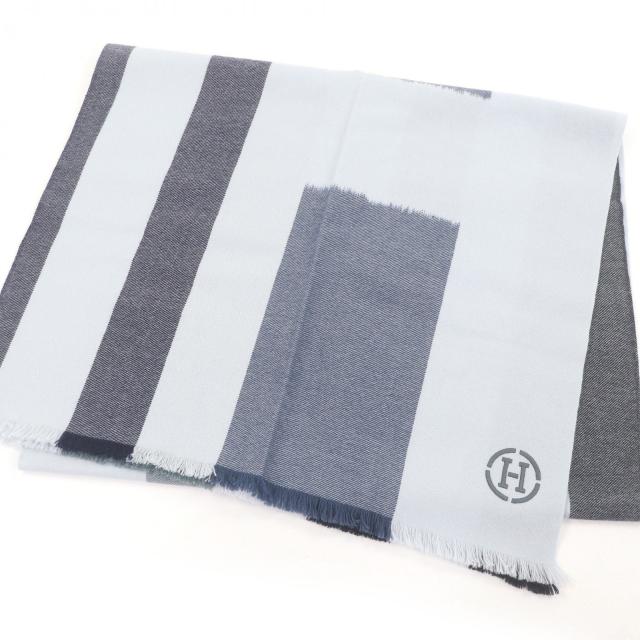 極美品□HERMES エルメス H394832T イカット 4H カシミヤ100％ レザーHロゴパッチ 大判マフラー グラシエ マリン オセアン