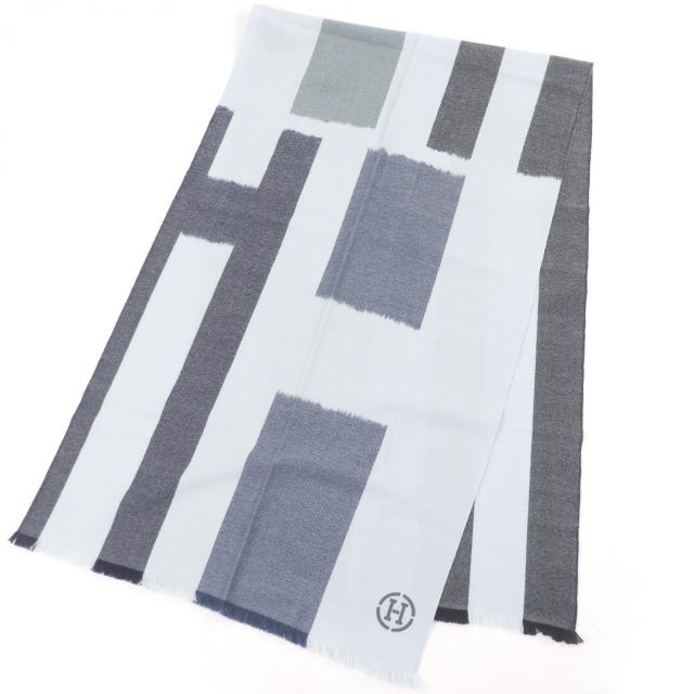 極美品□HERMES エルメス H394832T イカット 4H カシミヤ100％ レザーHロゴパッチ 大判マフラー グラシエ マリン オセアン_2