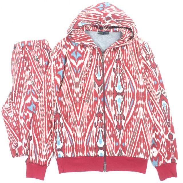 【ドンドン見直し】美品▼ETRO エトロ 総柄 フーデッド ジップアップ パーカー ハーフパンツ セットアップ レッド S/XS 伊製 メンズ ドンドン見直し】美品▽ETRO エトロ 総柄 フーデッド ジップアップ