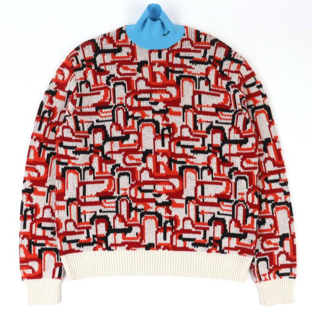 極美品△PRADA プラダ 2022年製 UMR536 S222 1113 バージンウール カシミヤ 総柄 ハイネック ニット セーター 48 正規品