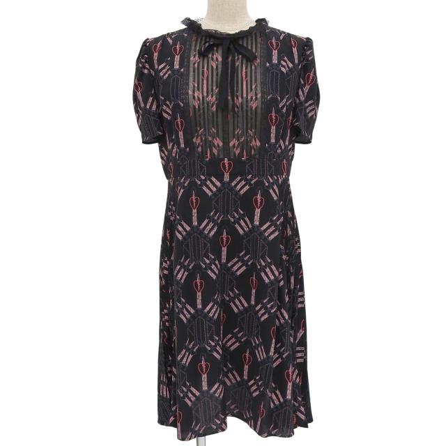 極美品▲VALENTINO ヴァレンティノ シルク100％ 総柄 レースカラー サイドプリーツ ワンピース ブラック 42 伊製 正規品 レディース