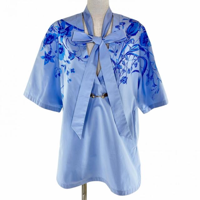 極美品◇GUCCI グッチ 788835 レザー使い ホースビット リボンタイ付き コットン100％ 半袖シャツ 青系 36 イタリア製 正規品 レディース