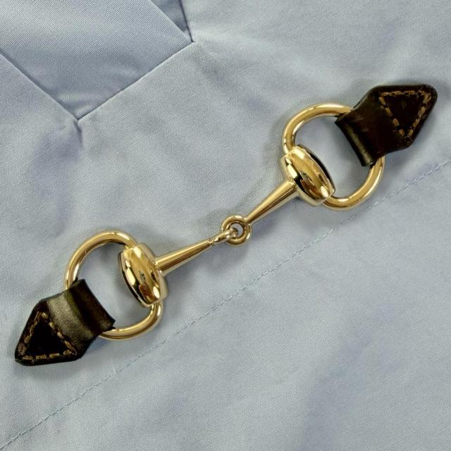 極美品◇GUCCI グッチ 788835 レザー使い ホースビット リボンタイ付き コットン100％ 半袖シャツ 青系 36 イタリア製 正規品 レディース_4