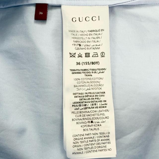極美品◇GUCCI グッチ 788835 レザー使い ホースビット リボンタイ付き コットン100％ 半袖シャツ 青系 36 イタリア製 正規品 レディース_6