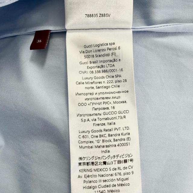 極美品◇GUCCI グッチ 788835 レザー使い ホースビット リボンタイ付き コットン100％ 半袖シャツ 青系 36 イタリア製 正規品 レディース_7