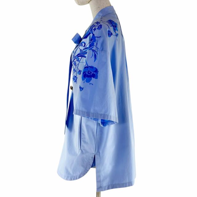 極美品◇GUCCI グッチ 788835 レザー使い ホースビット リボンタイ付き コットン100％ 半袖シャツ 青系 36 イタリア製 正規品 レディース_1