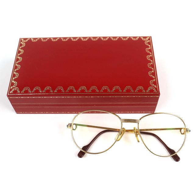 美品△Cartier カルティエ ヴィンテージ トリニティ 2Pブルージェムストーン メガネ 眼鏡 アイウェア ゴールド ボルドー 55□18 135 度入_1