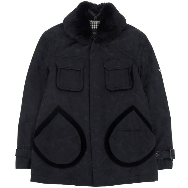 美品▲BURBERRY BLACK LABEL バーバリーブラックレーベル カモフラ 裏チェック 襟ラビットファー ジャケット ブラック L 正規品 メンズ