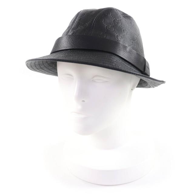 極美品★GUCCI グッチ 023441 グッチシマ ロゴ入り GG柄 レザー ハット バケットハット 帽子 ブラック L イタリア製 正規品 レディース