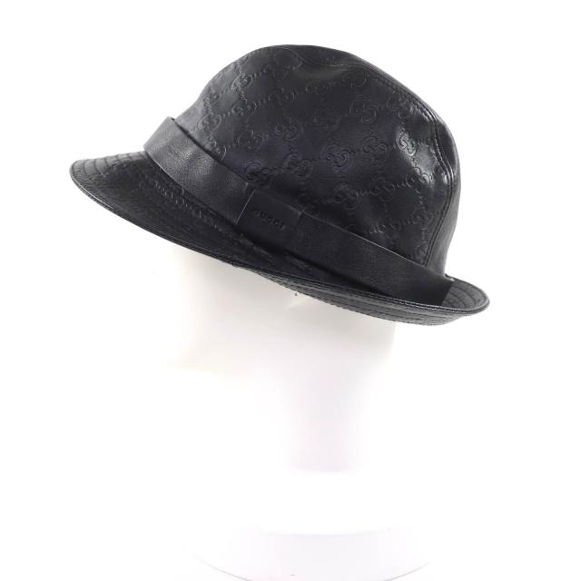 極美品★GUCCI グッチ 023441 グッチシマ ロゴ入り GG柄 レザー ハット バケットハット 帽子 ブラック L イタリア製 正規品 レディース_1
