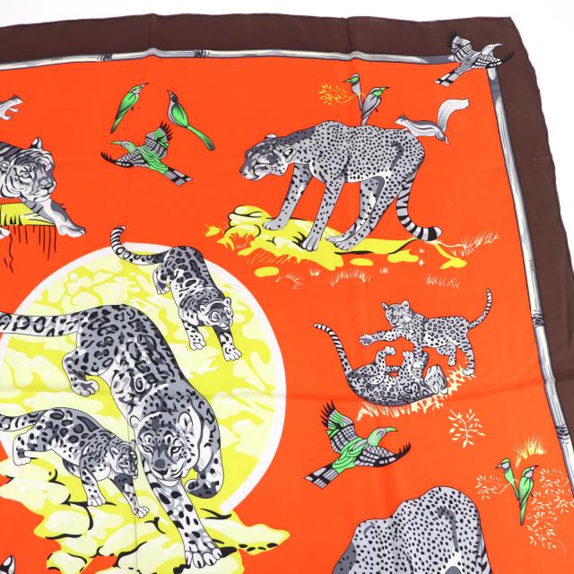 美品★HERMES エルメス カレ140 tendresse feline 野生の優しさ シルク100％ 大判 スカーフ マルチ フランス製 レディース_2