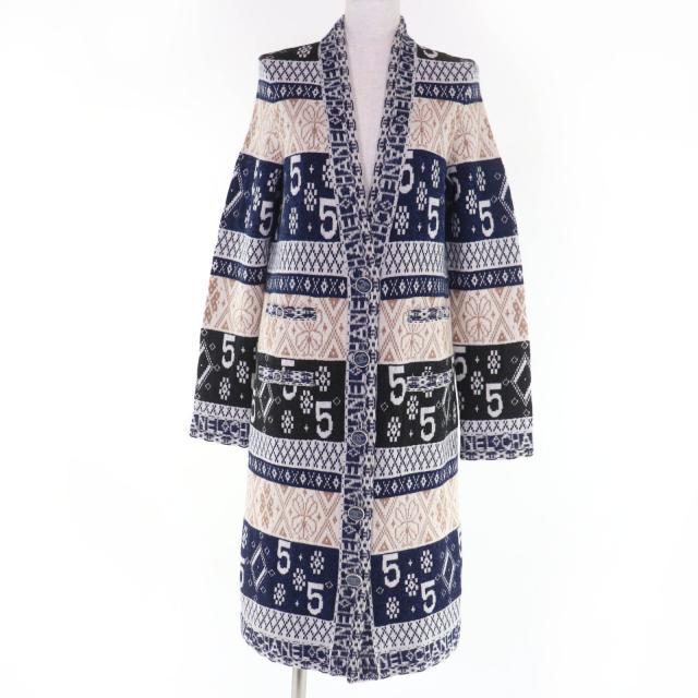 極美品☆CHANEL シャネル P65175K60935 カシミヤ100％ ココボタン ロゴ総柄 長袖ニット ロング カーディガン 38 正規品 レディース 108,900円