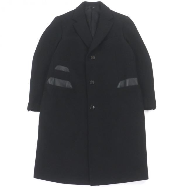 極美品□HERMES エルメス カシミヤ100％ ラムレザーパイピング シングル チェスターコート ロングコート ブラック 50 イタリア製 メンズ