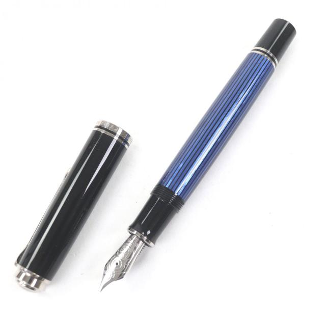 極美品□PERIKAN ペリカン M805 スーベレーン ペン先750 BBニブ ストライプ キャップ式 万年筆 ブラック ブルー 箱付き ドイツ製 メンズ_2