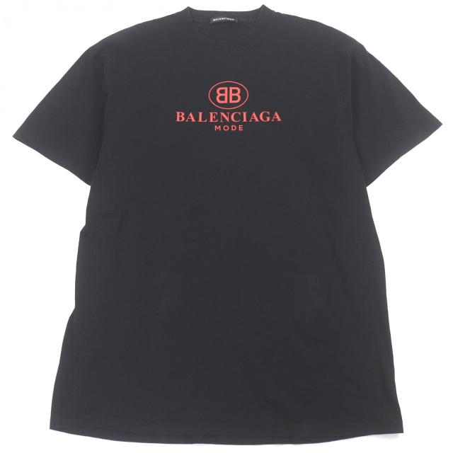 美品□BALENCIAGA バレンシアガ 508203 コットン100％ BBロゴ プリント クルーネック 半袖Ｔシャツ カットソー ブラック XS 正規品　