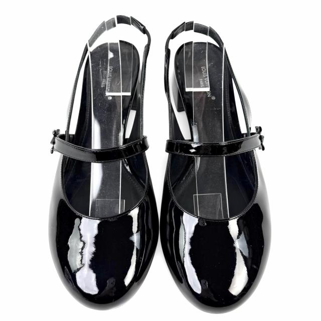 極美品◇LOUIS VUITTON ルイヴィトン 2024年製 ロミー スリングバック ポンプ LVロゴ チャンキーヒール エナメルレザー パンプス 黒 37.5_5