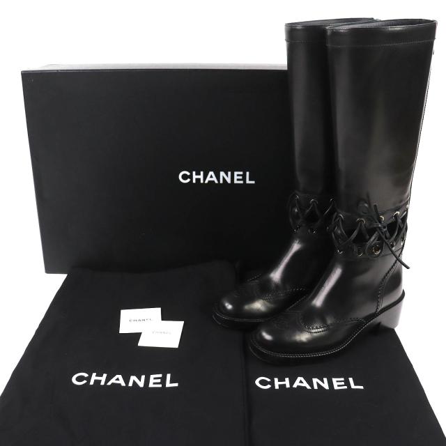 極美品△CHANEL シャネル G32251 ココマーク レースアップ切り替え バックジップ レザー ロングブーツ ブラック 36.5 保存袋付き 伊製_1