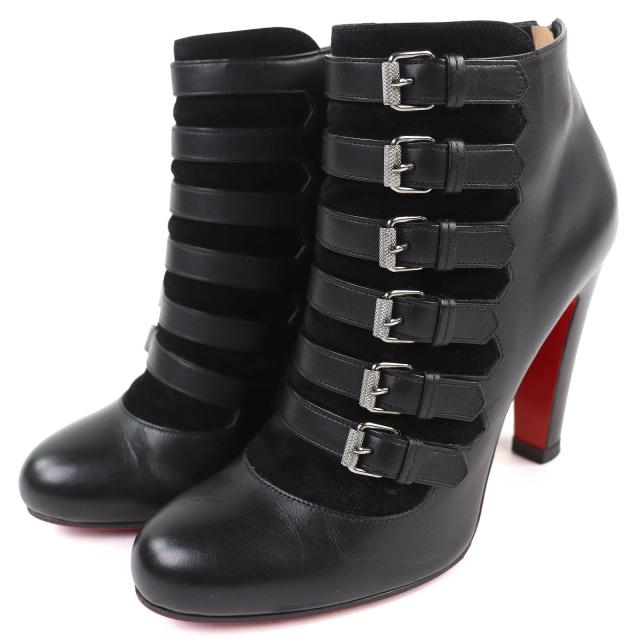 美品△Christian Louboutin クリスチャンルブタン ATTROUPEE 100 CALF/VEAU VELOURS/CUOIO レザー アンクルブーツ ブラック 38.5 箱付き