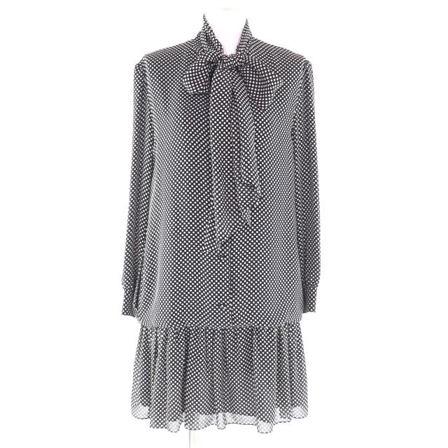 極美品★CELINE セリーヌ 2R353150E シルク100％ リボンタイ付 ドット柄 フレア ワンピース ブラック 38 フランス製 正規品 レディース