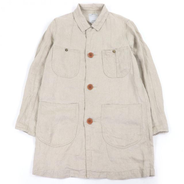 美品□VISVIM ビズビム リネン100％ ヘリンボーン 総柄 ステンカラーコート スプリングコート ベージュ 2 日本製 正規品 メンズオススメ