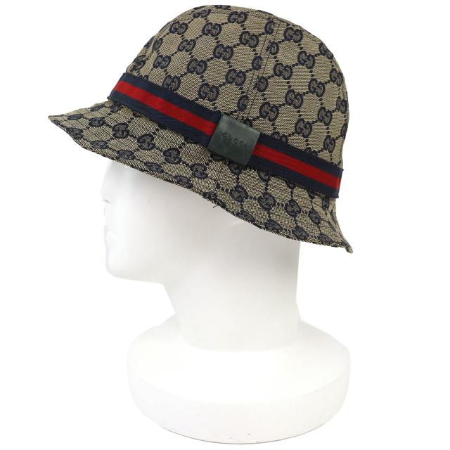 美品△GUCCI グッチ 030367 コットン GGキャンバス バケットハット 帽子 ベージュ ネイビー レッド M イタリア製 正規品 レディース_1