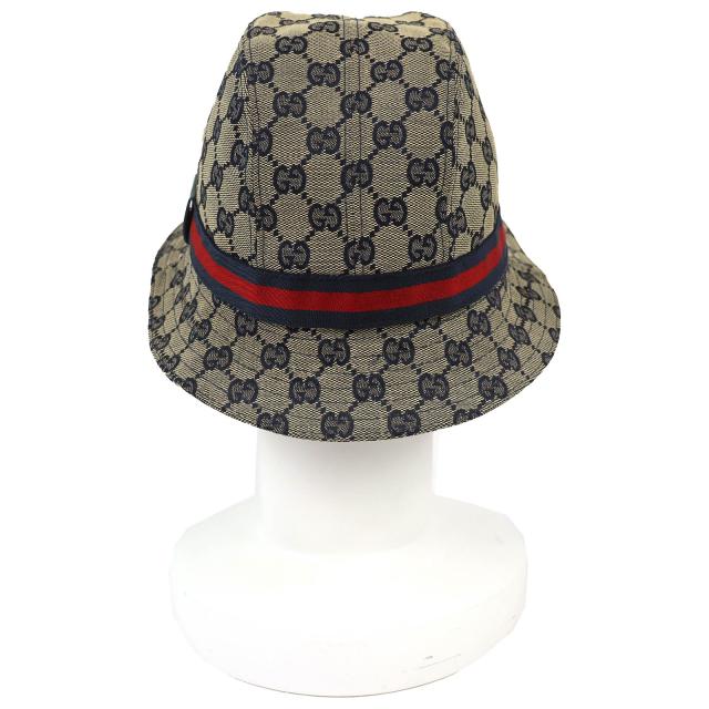 美品△GUCCI グッチ 030367 コットン GGキャンバス バケットハット 帽子 ベージュ ネイビー レッド M イタリア製 正規品 レディース_3