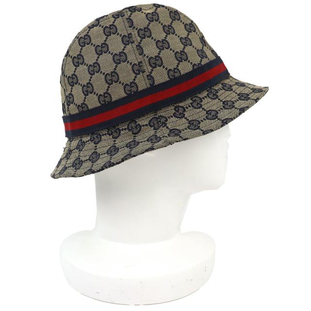 美品△GUCCI グッチ 030367 コットン GGキャンバス バケットハット 帽子 ベージュ ネイビー レッド M イタリア製 正規品 レディース_2