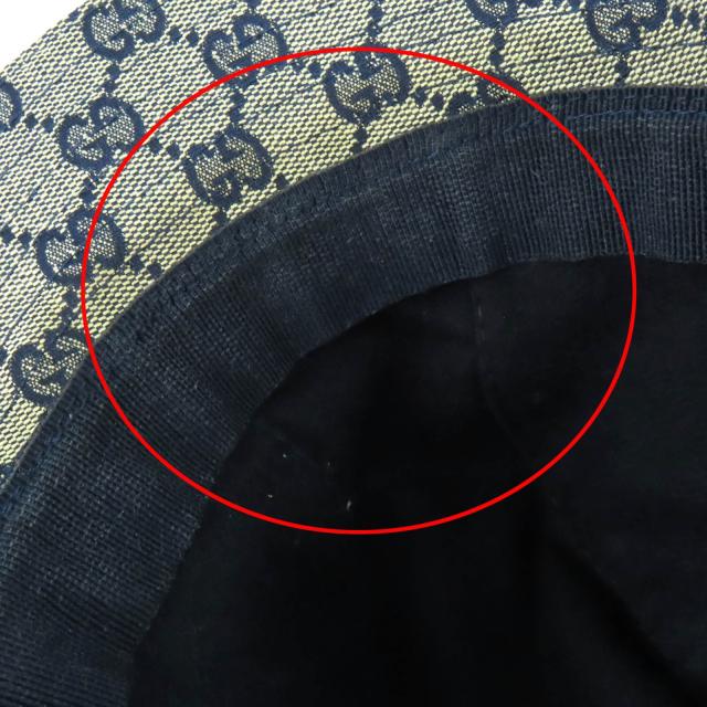 美品△GUCCI グッチ 030367 コットン GGキャンバス バケットハット 帽子 ベージュ ネイビー レッド M イタリア製 正規品 レディース_8