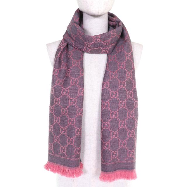 極美品△GUCCI グッチ 133483 GGウール スカーフ ローズピンク ミニフリンジ マフラー ストール ショール 箱付き イタリア製 レディース_3