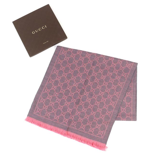 極美品△GUCCI グッチ 133483 GGウール スカーフ ローズピンク ミニフリンジ マフラー ストール ショール 箱付き イタリア製 レディース_1