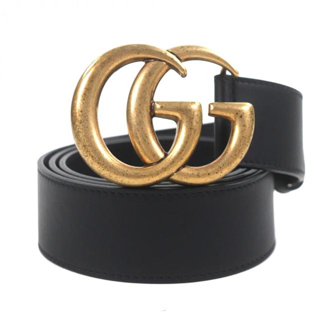 美品▼GUCCI グッチ 400593 ダブルG ワイドベルト レザー GGマーモントバックル ブラック ゴールド金具 90・36 保存袋付き 伊製 メンズ