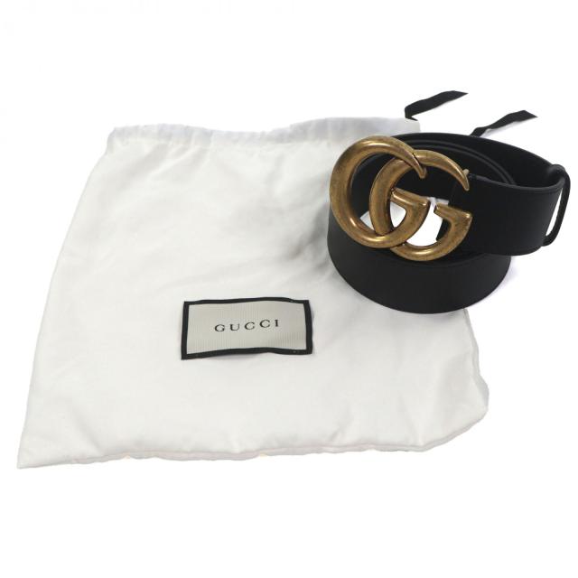 美品▼GUCCI グッチ 400593 ダブルG ワイドベルト レザー GGマーモントバックル ブラック ゴールド金具 90・36 保存袋付き 伊製 メンズ_1