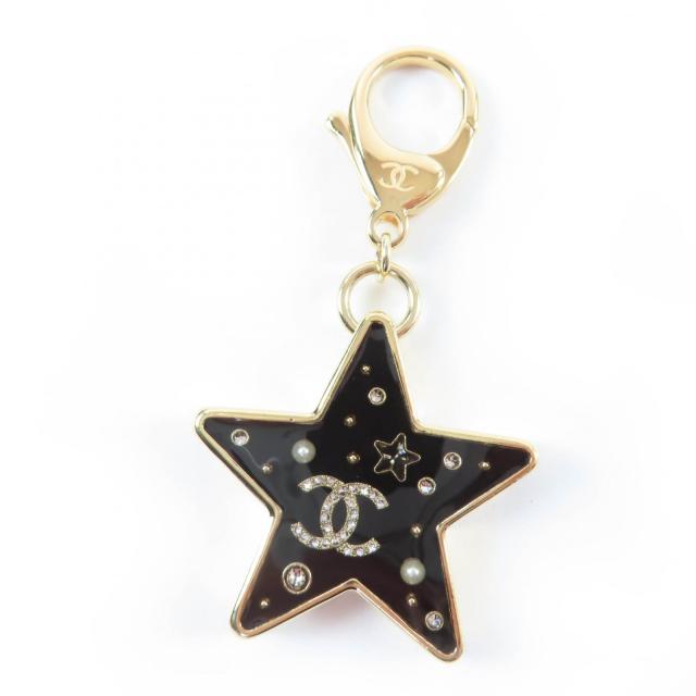 美品☆CHANEL シャネル D25K ABG575 ココマーク ストーン・フェイクパール付 スター キーホルダー ゴールド ブラック 箱付き イタリア製