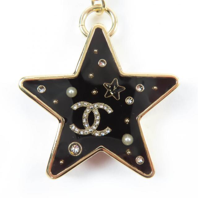 美品☆CHANEL シャネル D25K ABG575 ココマーク ストーン・フェイクパール付 スター キーホルダー ゴールド ブラック 箱付き イタリア製_2