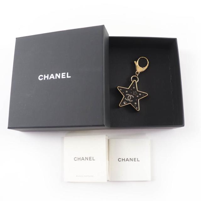 美品☆CHANEL シャネル D25K ABG575 ココマーク ストーン・フェイクパール付 スター キーホルダー ゴールド ブラック 箱付き イタリア製_1