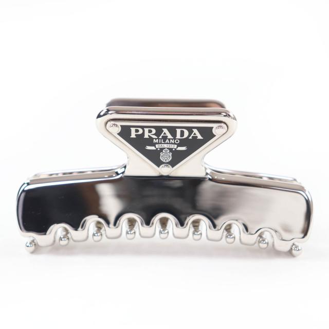 美品☆PRADA プラダ 1IF103 トライアングルロゴ ヘアクリップ バンスクリップ ヘアアクセサリー シルバー レディース