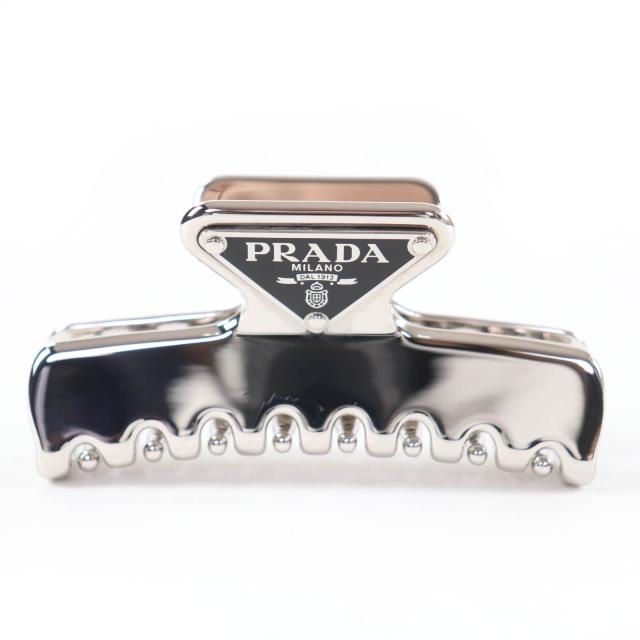 美品☆PRADA プラダ 1IF103 トライアングルロゴ ヘアクリップ バンスクリップ ヘアアクセサリー シルバー レディース_1