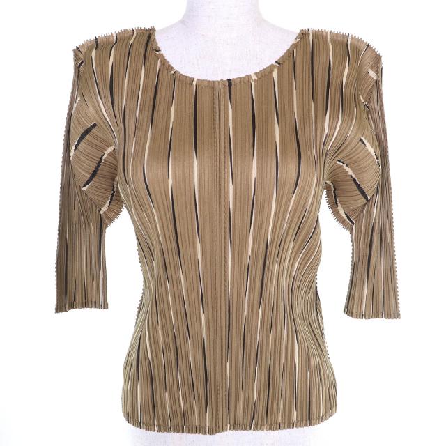 極美品△PLEATS PLEASE プリーツプリーズ イッセイミヤケ PP51-JK683 総柄 クルーネック 半袖 カットソー トップス ブラウン系 3 正規品