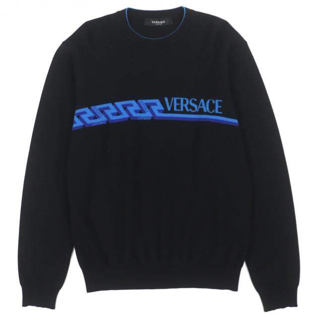 【ドンドン見直し】美品▼VERSACE ヴェルサーチ 2021年製 1003703 ウール ロゴ プルオーバー ニットセーター ブラック 48 正規品 メンズ