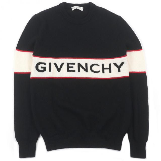 美品□GIVENCHY ジバンシィ BM900G400M ウール100％ ロングスリーブ ロゴニット セーター ブラック ホワイト S 正規品 メンズオススメ◎