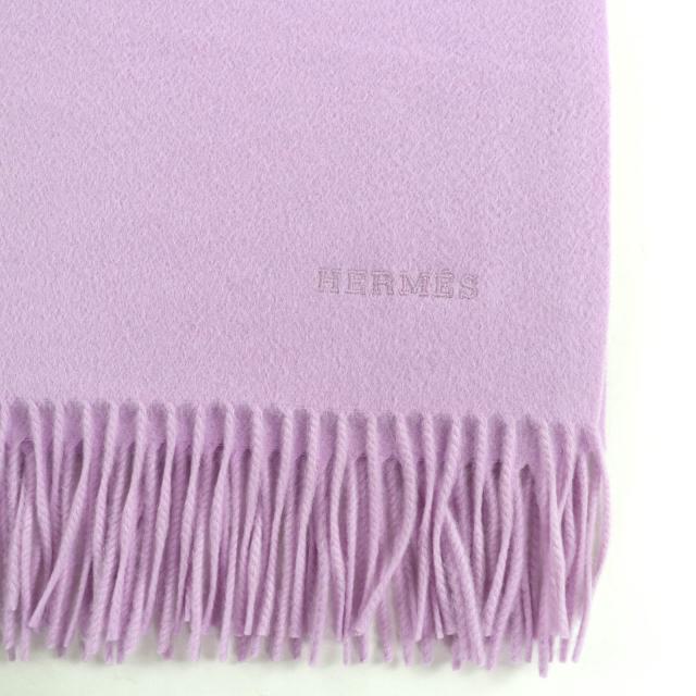 極美品☆HERMES エルメス カシミヤ100％ ロゴ刺繍 フリンジ付 超大判 ショール ブランケット パープル レディース_3