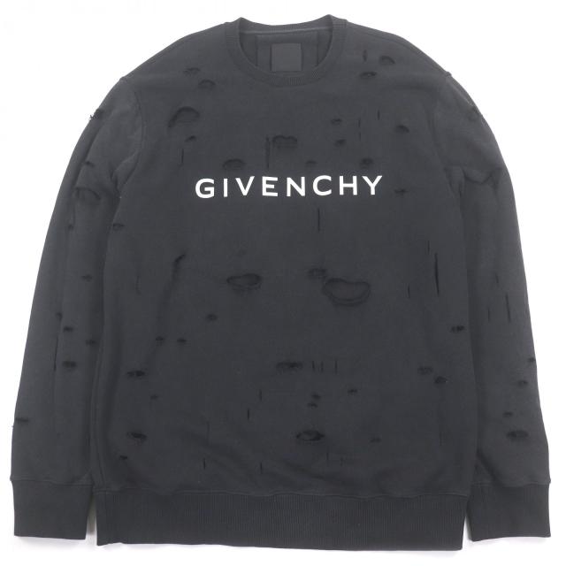 美品□GIVENCHY ジバンシィ BMJ0KE3Y9W コットン100％ デストロイ加工 ロゴプリント スウェットシャツ トレーナー ブラック XL 正規品