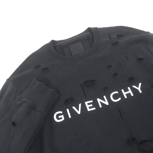 美品□GIVENCHY ジバンシィ BMJ0KE3Y9W コットン100％ デストロイ加工 ロゴプリント スウェットシャツ トレーナー ブラック XL 正規品